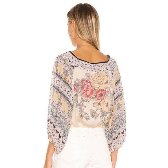 Free People Blue Bile Ivory Batwing Silky Shirt/Top Boho Sz XS - Picture 3 of 11